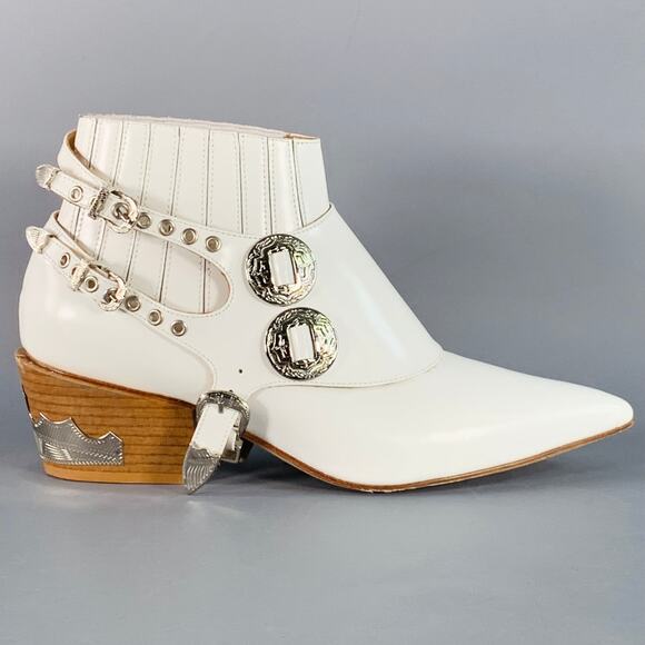TOGA PULLA Size 8.5 White Silver Leather Pull On Western Harness Boots - Picture 2 of 10